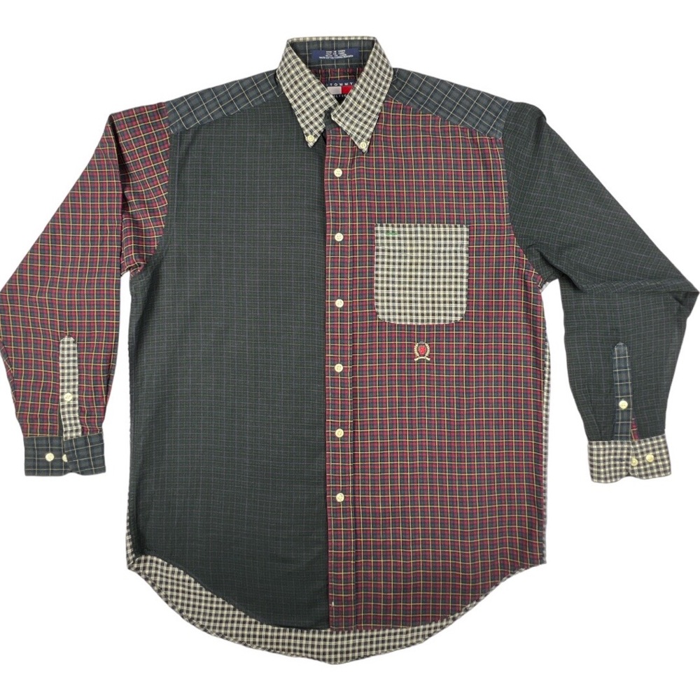 VTG Tommy Hilfiger Plaid Patchwork Color Block Tartan Small Long Sleeve Shirt